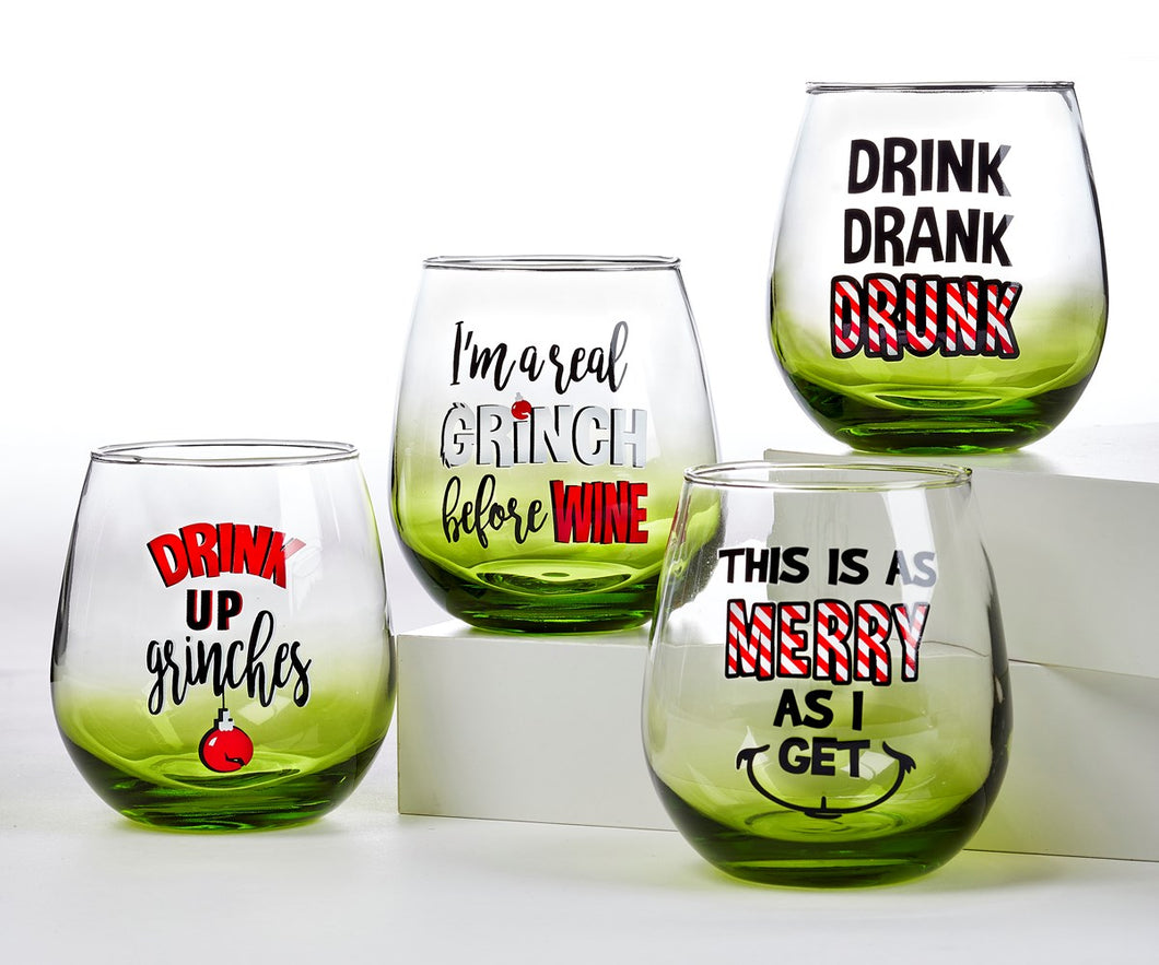 Grinch Stemless Drinking Glass w/ Sentiment Set of 4