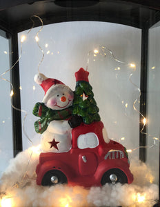 17" Red Lantern with Snowmen and Red Car