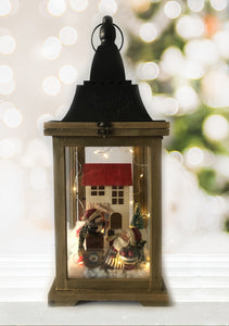 20" Wooden Lantern with Cooking Santa